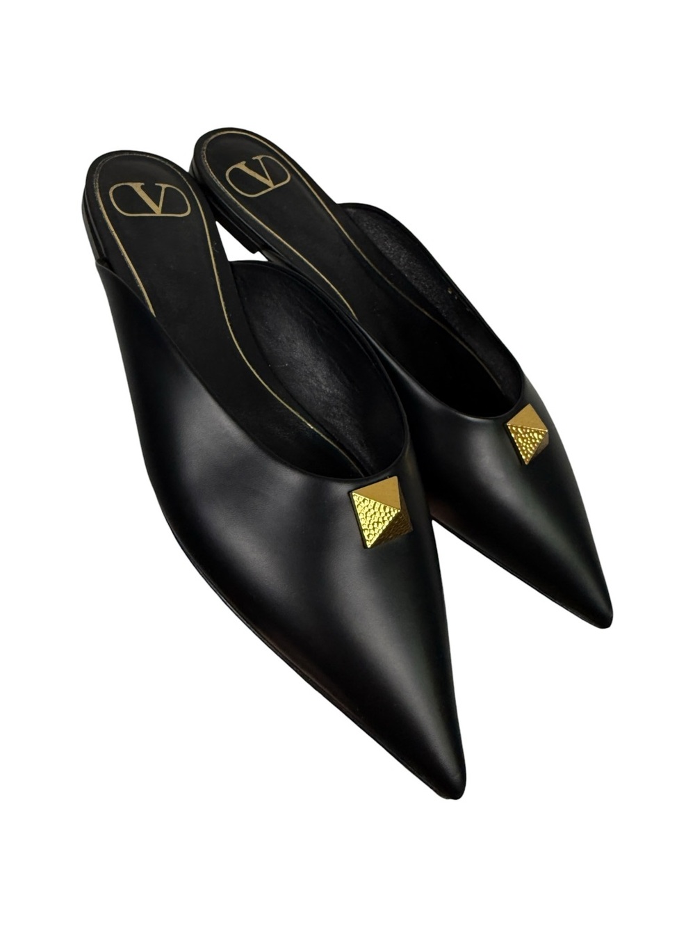 Valentino Black Leather One Stud Pointed Toe Mules